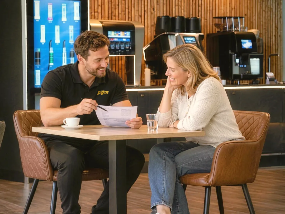 POM-Mitarbeiter erklärt einer Frau in der Café-Lounge ihren Trainingsplan