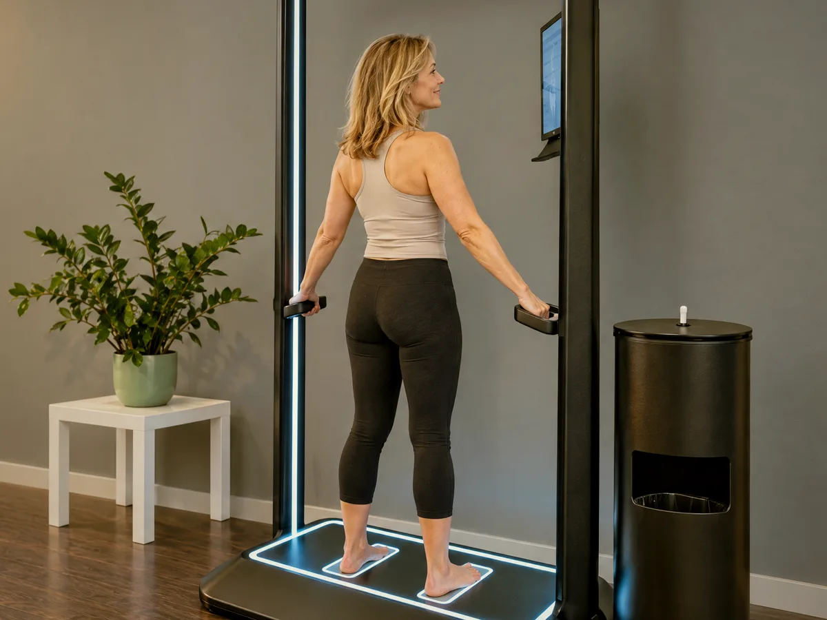 Frau in Trainingskleidung beim Körper-Check-up am me-scan
