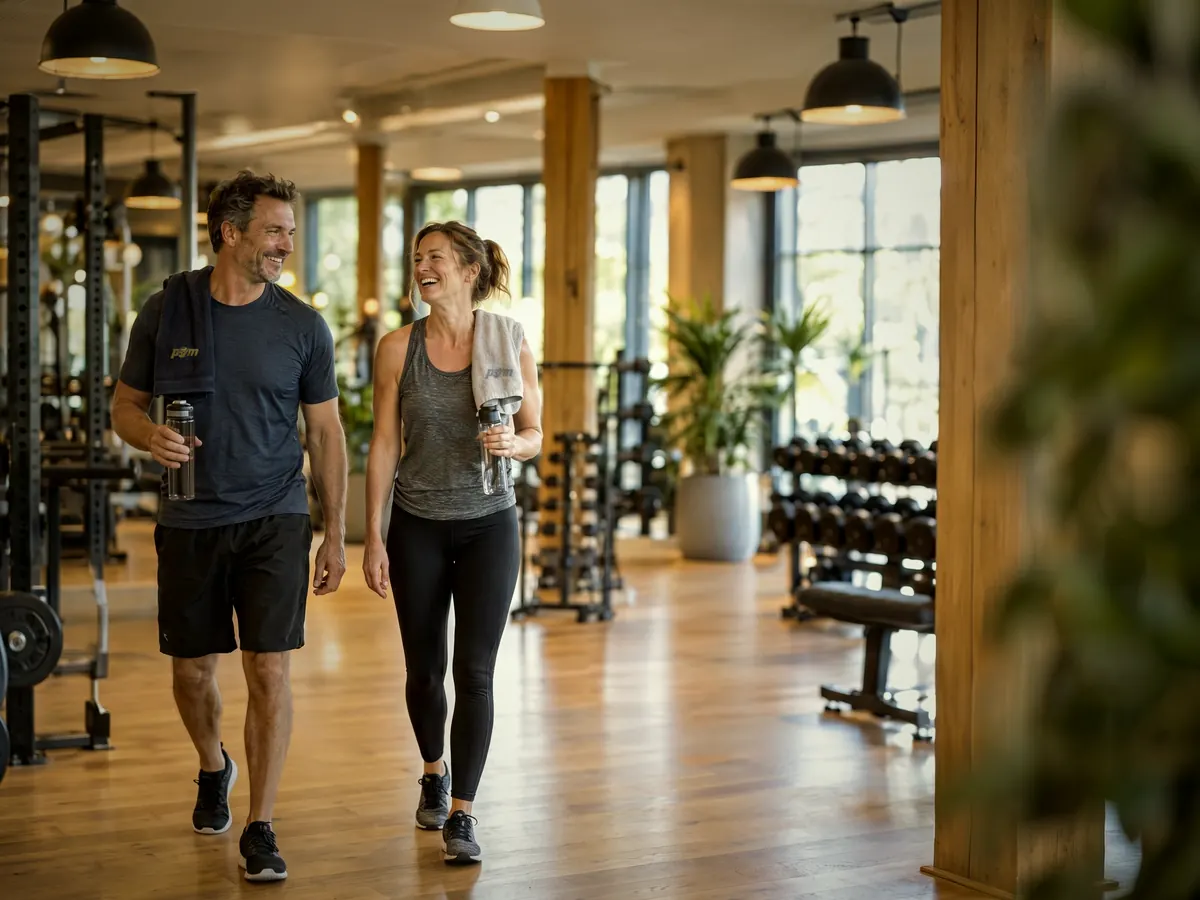 Frau und Mann kommen gut gelaunt vom Training im Fitnessstudio
